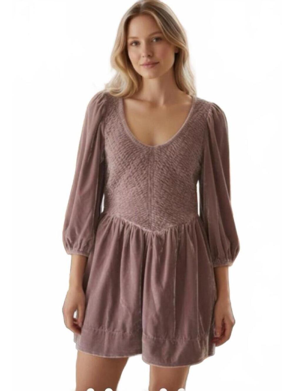 Free People Farrier Velvet Mini Dress mocked bodice and mauve pink Size S # 1322